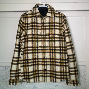 Express Men's Plaid Textured Wool Blend Shirt Jacket Shacket Outdoor Cream Tan S